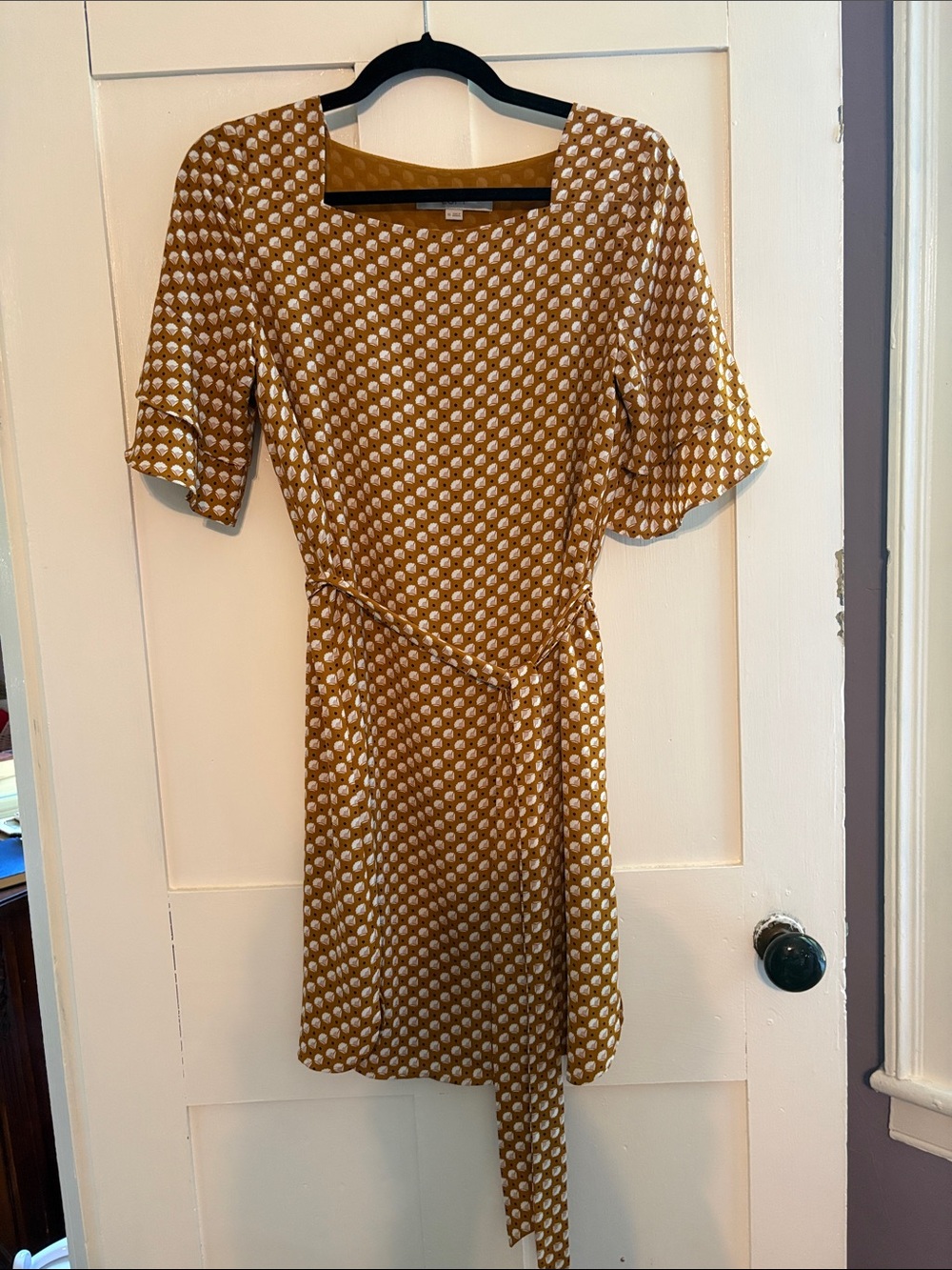 LOFT Mustard Polka Dot Midi Dress with Tie Waist